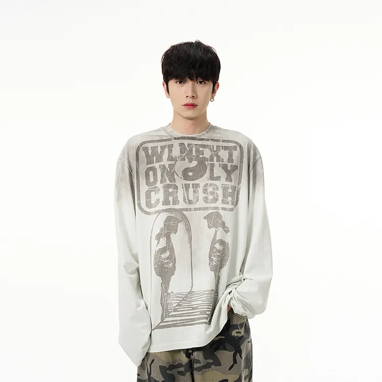 王橹杰同款 美式复古小众设计感废土风印花长袖T恤潮牌高级感上衣