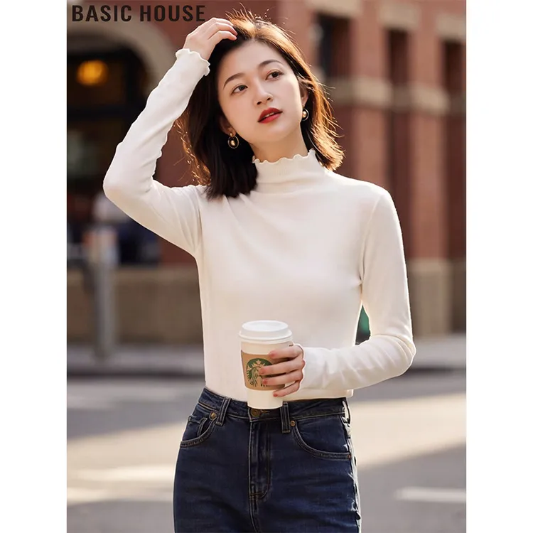 Basic House/百家好白色半高领长袖T恤修身内搭打底衫女2025冬季
