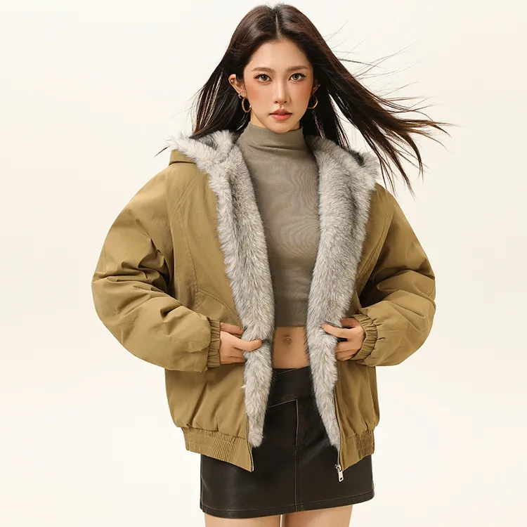 VUUG美式复古加绒毛领外套男女同款座山雕宽松连帽派克棉服夹克