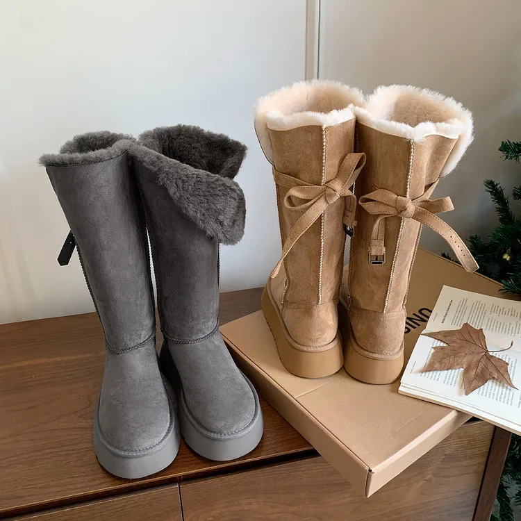 【青南兮】灰色雪地靴女冬季厚底两穿中筒加厚加绒两穿保暖棉靴女