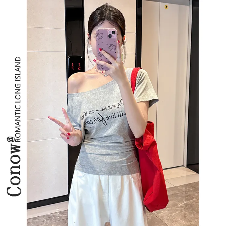 短袖T恤女夏季新款时尚字母印花宽松斜肩一字肩显瘦百搭上衣