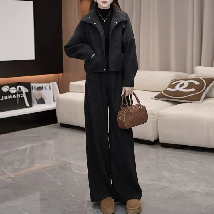 慵懒冬季套装女设计感长袖立领加厚短款外套休闲阔腿裤保暖两件套