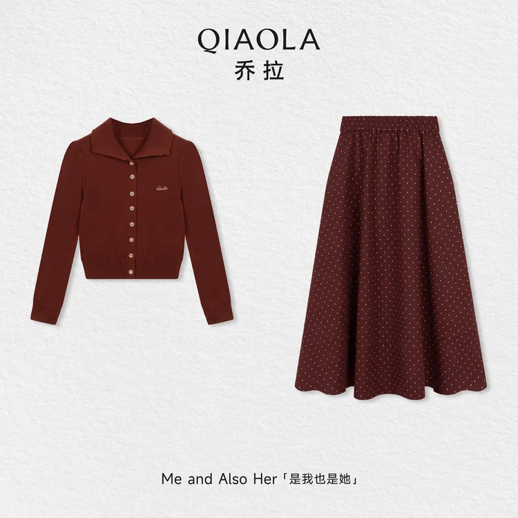 QIAOLA/乔拉【半岛红茶】秋冬羊毛复古正肩翻领上衣波点A字长裙套装