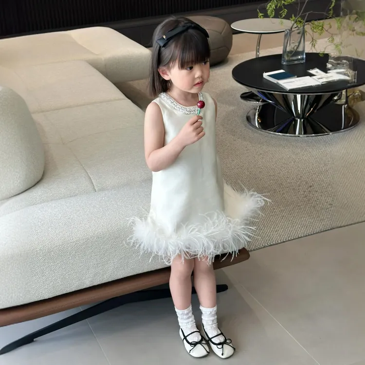 小惜亦2025韩版新款女童洋气圆领钉珠钉钻真毛千金风连衣裙背心裙
