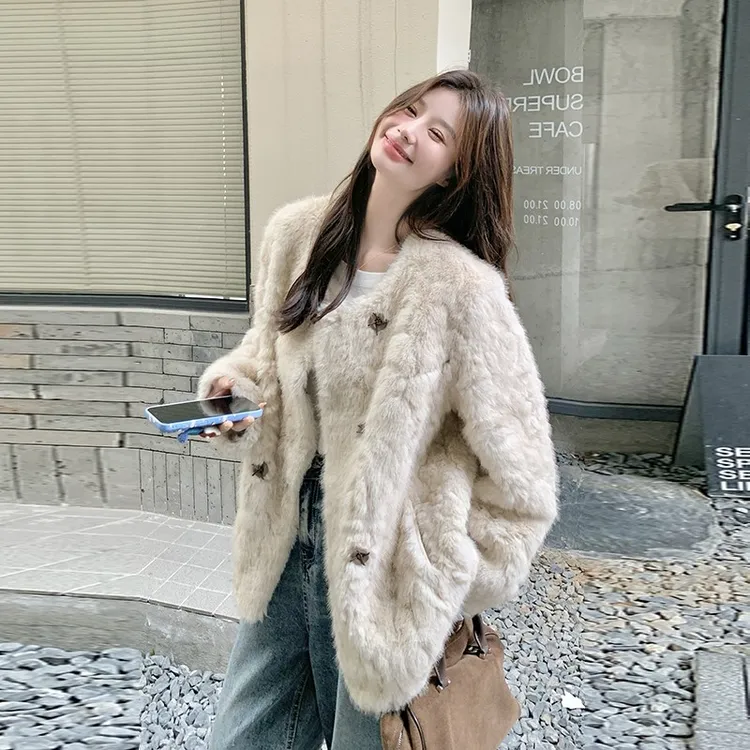 软糯皮毛 一体外套女秋冬2025新款小个子毛毛外套中长款慵懒百搭