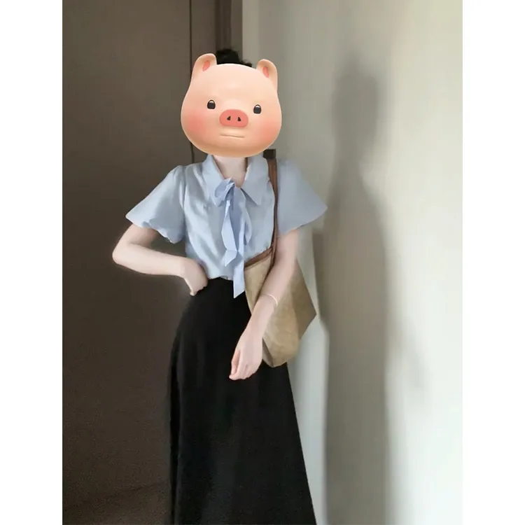 2025夏季新款女韩系穿搭V领系带宽松薄款上衣百搭高腰显瘦半身裙
