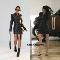 【蜜蜜家】半生韶华 欧美辣妹显瘦收腰修身长袖皮裙(外套) 25/Y732