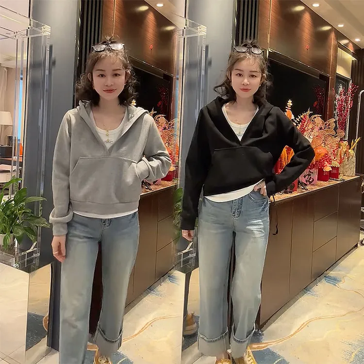 韩版设计感慵懒风长袖连帽休闲风卫衣春季显瘦短款宽松两件套上衣