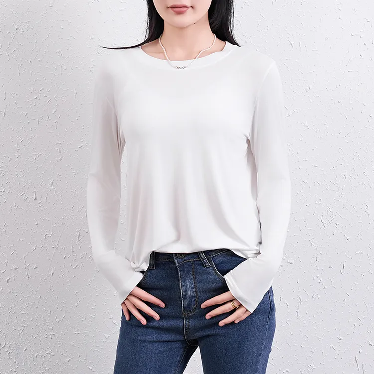 莫代尔简约修身打底衫女士内搭薄款白色长袖T恤圆领透气休闲上衣