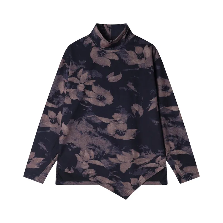 秋冬季新款时尚个性不规则撞色花纹半高领长袖T恤舒适百搭上衣