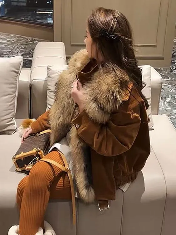 欧货大码可拆卸毛领灯芯绒外套女2025新款保暖工装夹克显瘦上衣冬