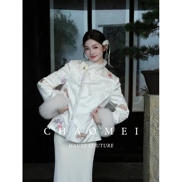 【琉璃雪】冯（CHAOMEI国风新中式秋冬奶油白水貂毛狐狸毛羽绒服