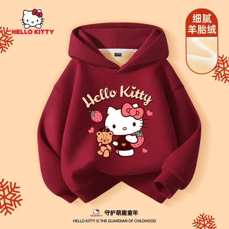 Hello Kitty女童加绒卫衣中大童红色连帽长袖打底衫儿童冬季衣服