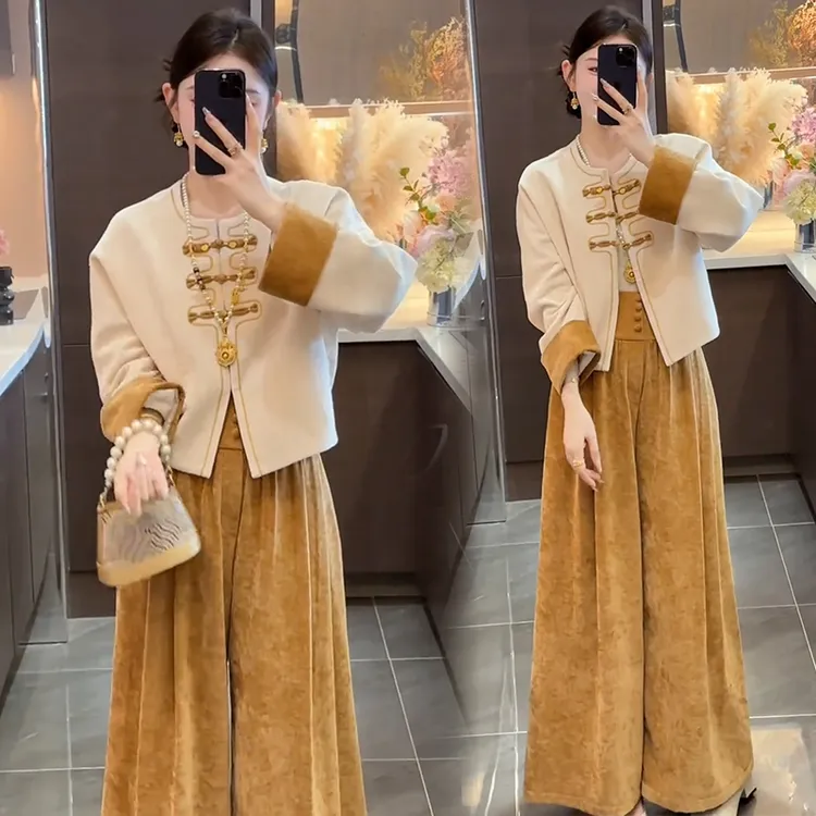 拉夏贝尔新中式时尚套装女2025秋国风盘扣短外套阔腿裤两件套