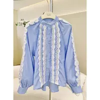 丨早秋新款蓝色条纹蕾丝花边长袖衬衫 A1373