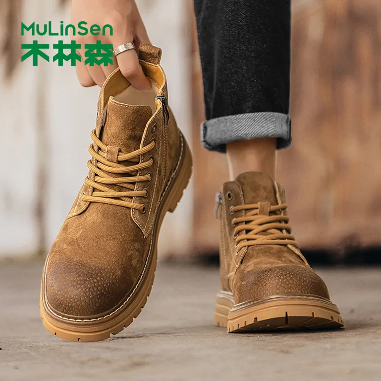 木林森马丁靴男款秋季靴子高帮大黄靴男真皮拉链复古厚底工装靴W