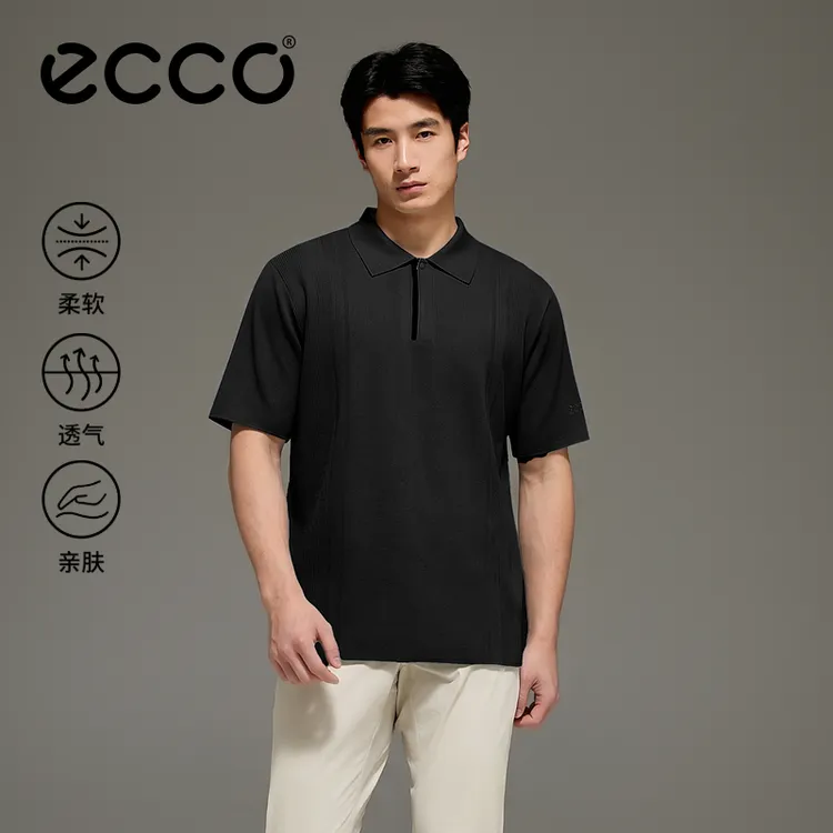 ECCO夏季新款高尔夫POLO衫男款提花针织舒适简约短袖EG263T058M
