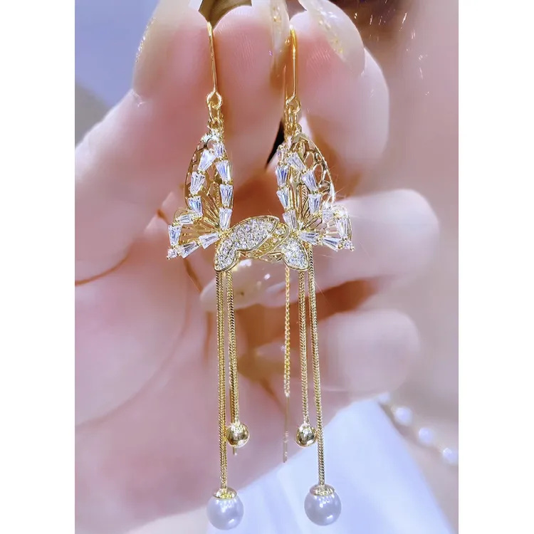 铜合金合成锆石耳饰 长款个性时尚蝴蝶流苏耳环