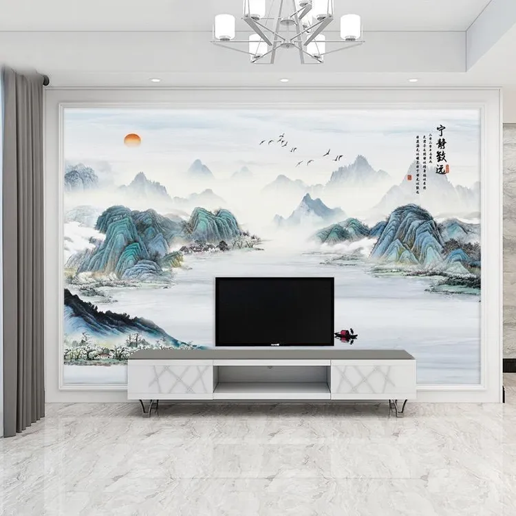 8D立体新中式水墨画壁布客厅电视背景墙沙发壁纸3D影视墙装饰壁画