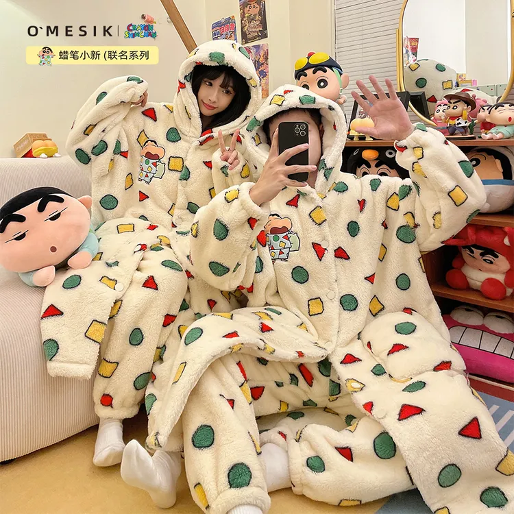 奥美诗嘉蜡笔小新联名情侣睡袍女连帽秋冬2025新款保暖加绒套装男