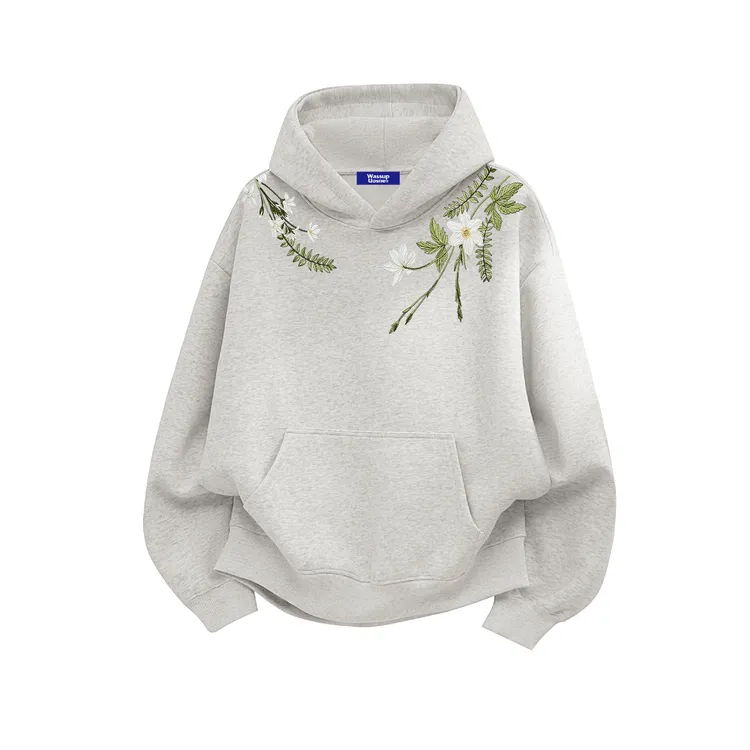 加绒刺绣花卉连帽秋冬季2025新款卫衣男款宽松套头带帽情侣装上衣