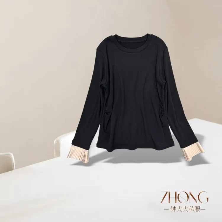 ZHONG大大【】设计感喇叭袖打底T恤冬季加绒拼接设计显瘦上衣1011