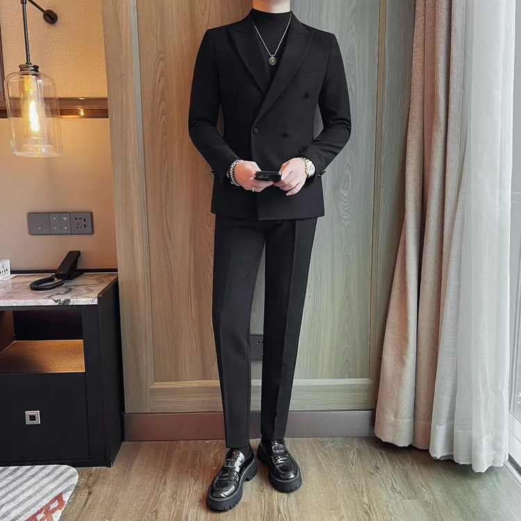 高级双排扣男士套装西服2025新款英伦修身西装商务两件套高档外套