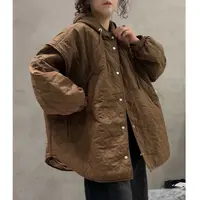 韩系菱格连帽棉袄外套女秋冬夹棉中长款宽松百搭休闲轻薄款棉服潮