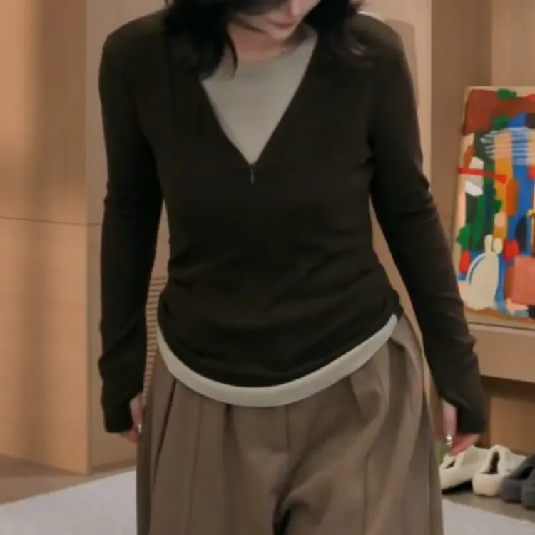 【难以复刻】新款假两件圆领T恤衫女休闲百搭打底衫上衣LK2509150