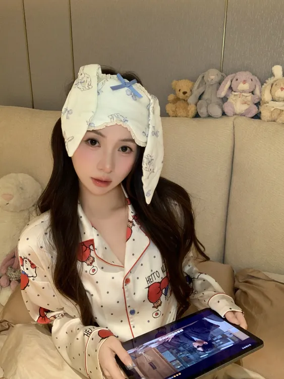 冰雪丝睡衣女士春秋季新款长袖甜美韩版可爱kitty宽松家居服套装