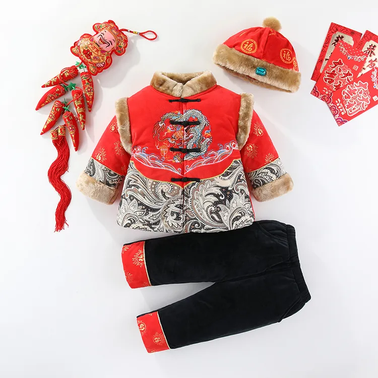 男宝宝婴儿服喜庆衣服男童2一1周岁唐装男孩抓周汉服冬季套装新年