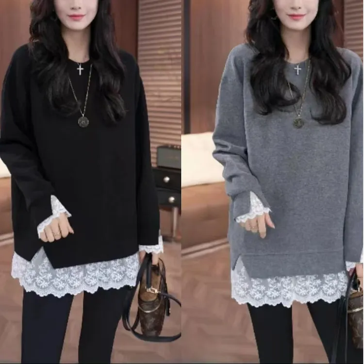 欧货蕾丝拼接加厚假两件打底T恤女冬季宽松叠穿内搭中长款卫衣