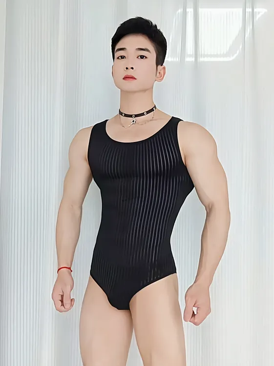 男款打底背心免穿内裤透纱款薄透紧身无感高弹竖条舒适连体背心男