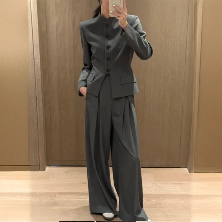 中式西装套装女2025秋装新款国风复古灰色唐装立领外套长裤两件套