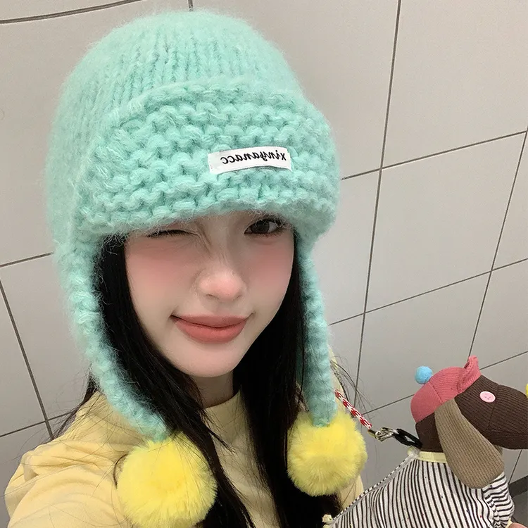 可爱绿色针织毛球护耳帽女秋冬季韩系飞行帽毛线帽保暖雷锋帽子潮