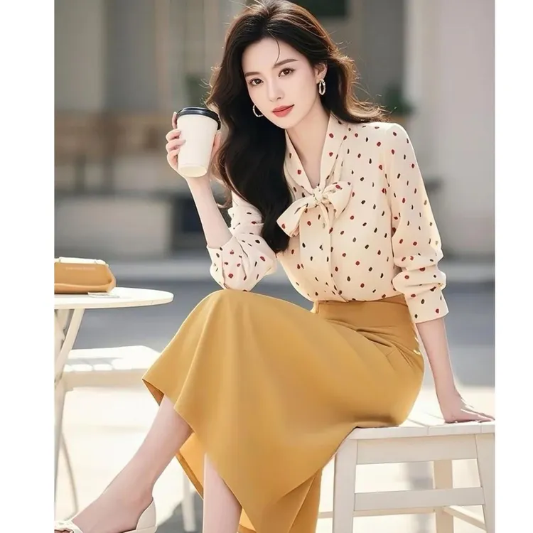 【bing】2025新款高级穿搭上班通勤衬衫黄色半身裙子两件套装女春季
