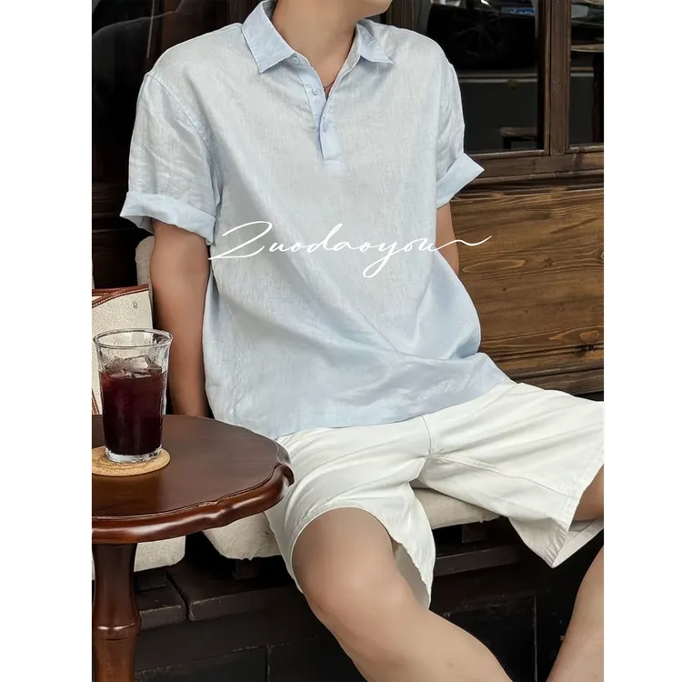 『老钱风高级松弛』夏季老钱风亚麻轻薄透气休闲短袖POLO衬衫