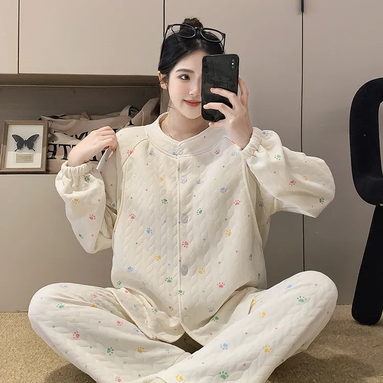 春秋冬季脚印加厚保暖产后喂奶哺乳空气棉月子服孕妇带胸垫睡衣