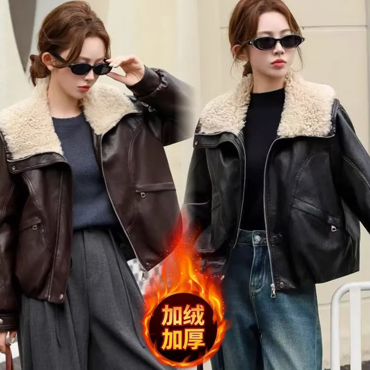 可拆卸毛领皮衣外套女夹克2025秋冬新款加厚保暖机车服软皮夹克潮