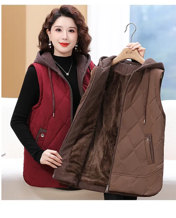 冬季气质外穿中老年女装大码加绒加厚休闲宽松老年人连帽纯色马甲