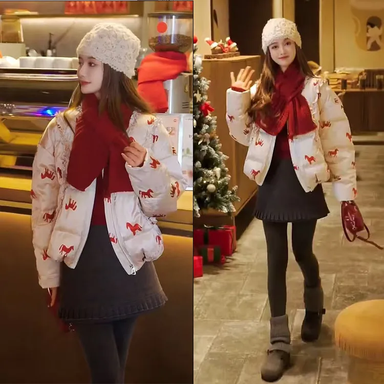 本命年马年穿搭2025年新款百搭针织上衣棉服外套高腰短裙三件套装