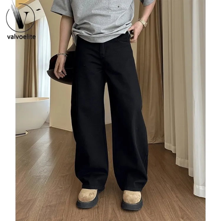 黑色阔腿宽松弯刀牛仔裤男潮牌百搭休闲直筒裤垂感阔腿工装牛仔裤