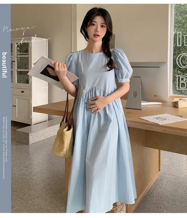 夏季新款时尚减龄孕妇短袖宽松纯色连衣裙法式气质显瘦中长款韩版