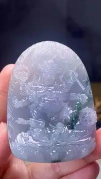 天然缅甸翡翠冰胶飘蓝花六臂大黑天毛货买断需抛光见讲解视频