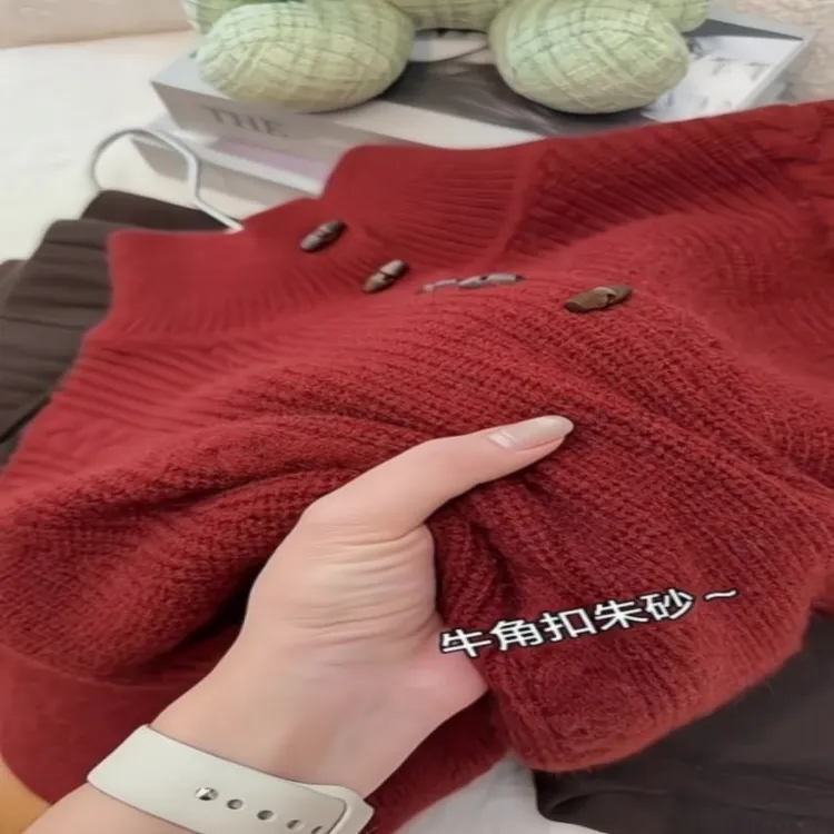 本命年穿搭新年过年红色高领毛衣女秋冬季宽松慵懒风针织衫上衣
