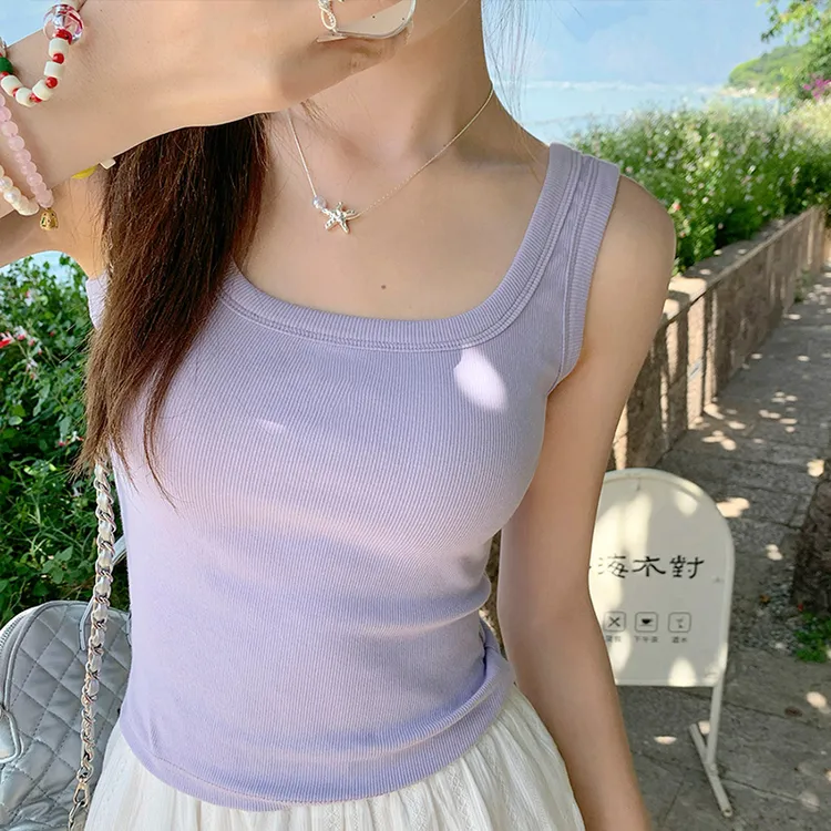 紫色工字方领吊带背心女夏外穿新款遮副乳打底内搭无袖上衣
