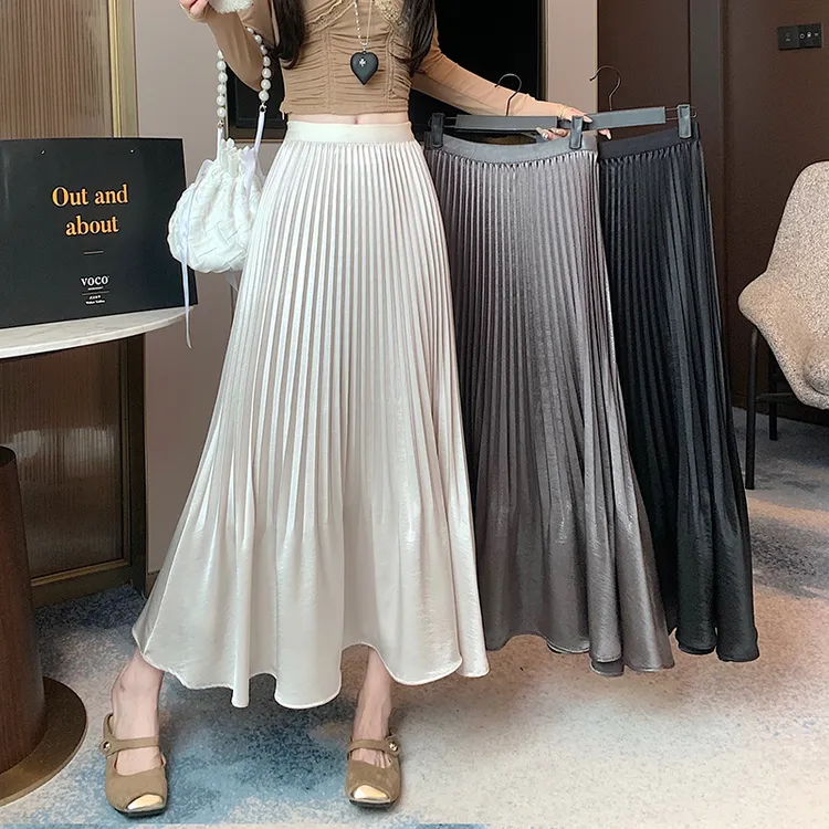 珠光闪闪静奢风百褶裙大摆裙荷叶边半身裙2025春夏季新款压折长裙