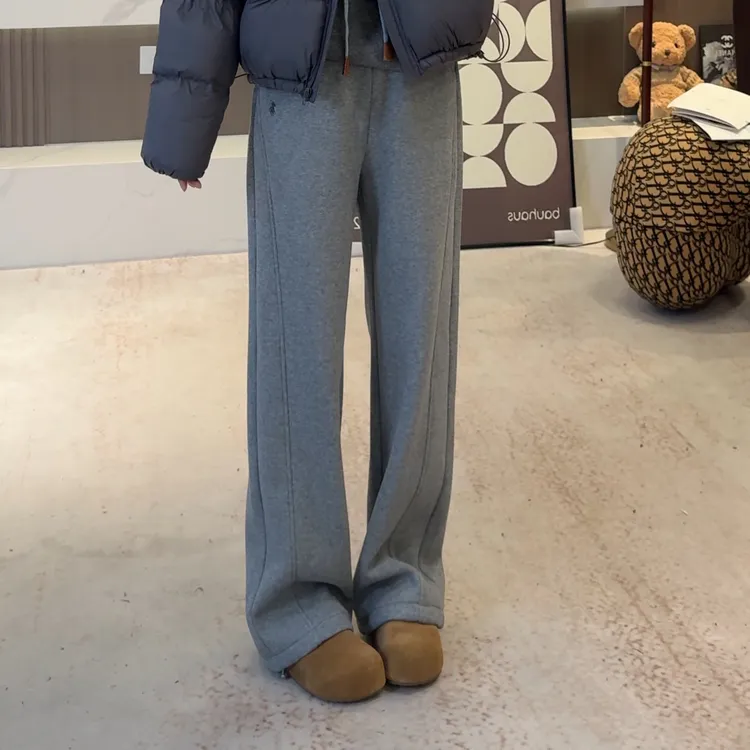 宿慕SUMU 韩版拼色抽绳加绒加厚阔腿裤11-2冬季显瘦休闲长裤6709