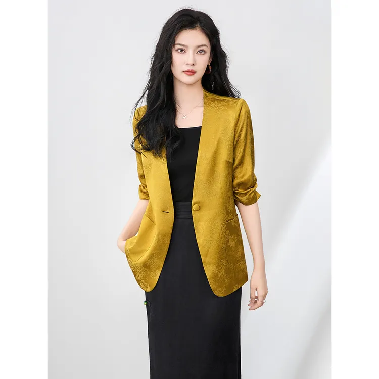 轻奢提花人丝抽褶袖外套女宽松领蕾丝西装上衣新款