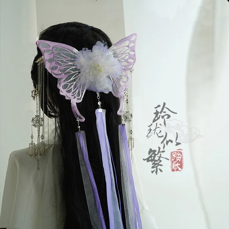 古风多色渐变长流苏飘带电动可扑翅仿真烫花蝴蝶发夹后压汉服头饰